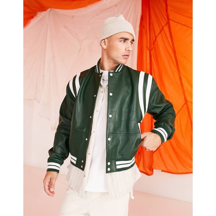 LEATHER VARSITY JACKET in green