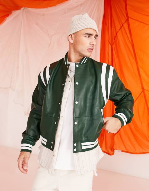 ASOS Design Real Leather Varsity Bomber Jacket in Green