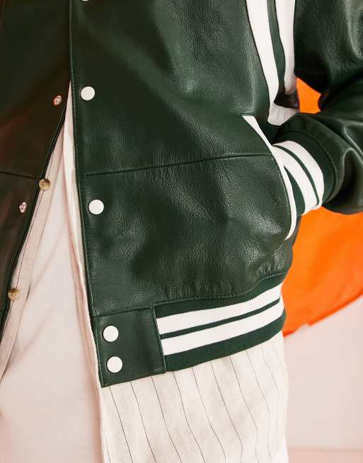 ASOS Design Real Leather Varsity Bomber Jacket in Green