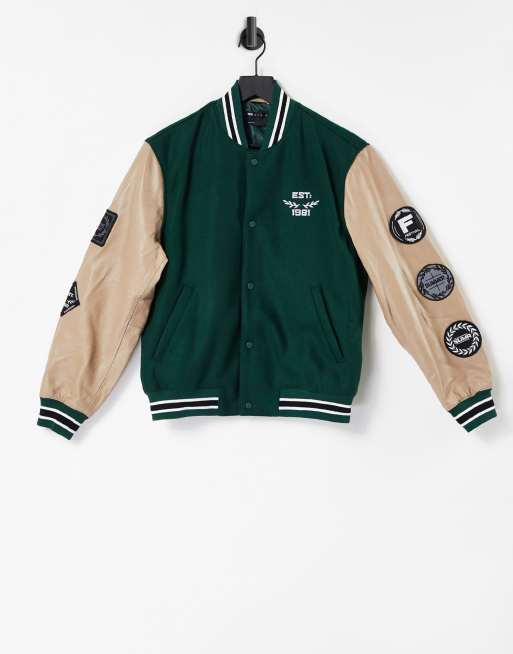 Green Wool Body with Black Leather Sleeves Varsity Jacket