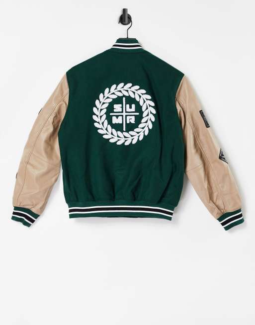 ASOS DESIGN real leather varsity bomber jacket in green