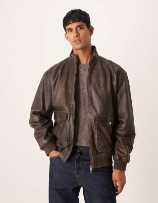 Asos Design Real Leather Vintage Look Bomber Jacket In Brown