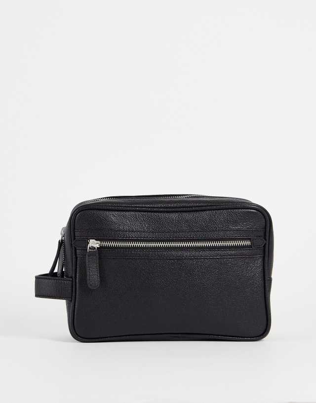 ASOS DESIGN real leather wash bag with double compartment in black