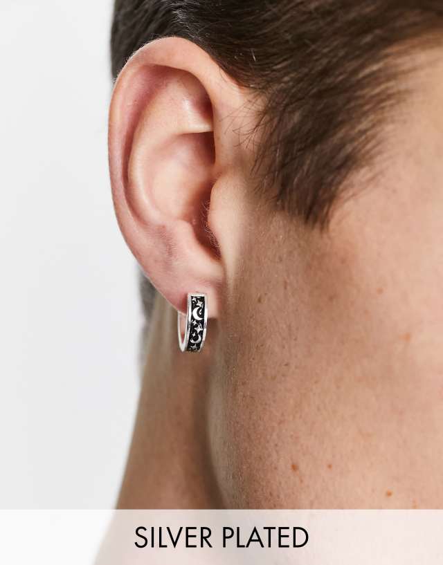 ASOS DESIGN real silver plate hoop earrings with moon and stars in black enamel