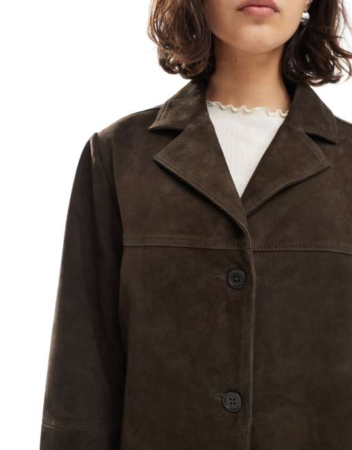 ASOS DESIGN real suede 70s jacket in dark mocha