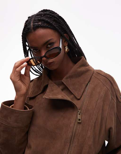 ASOS DESIGN real suede biker jacket with quilt lining in brown | ASOS