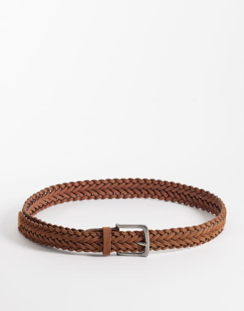 ASOS DESIGN real suede braided belt with silver buckle in tan - view 1