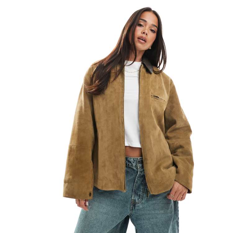 ASOS DESIGN real suede car coat with leather collar in tan | ASOS