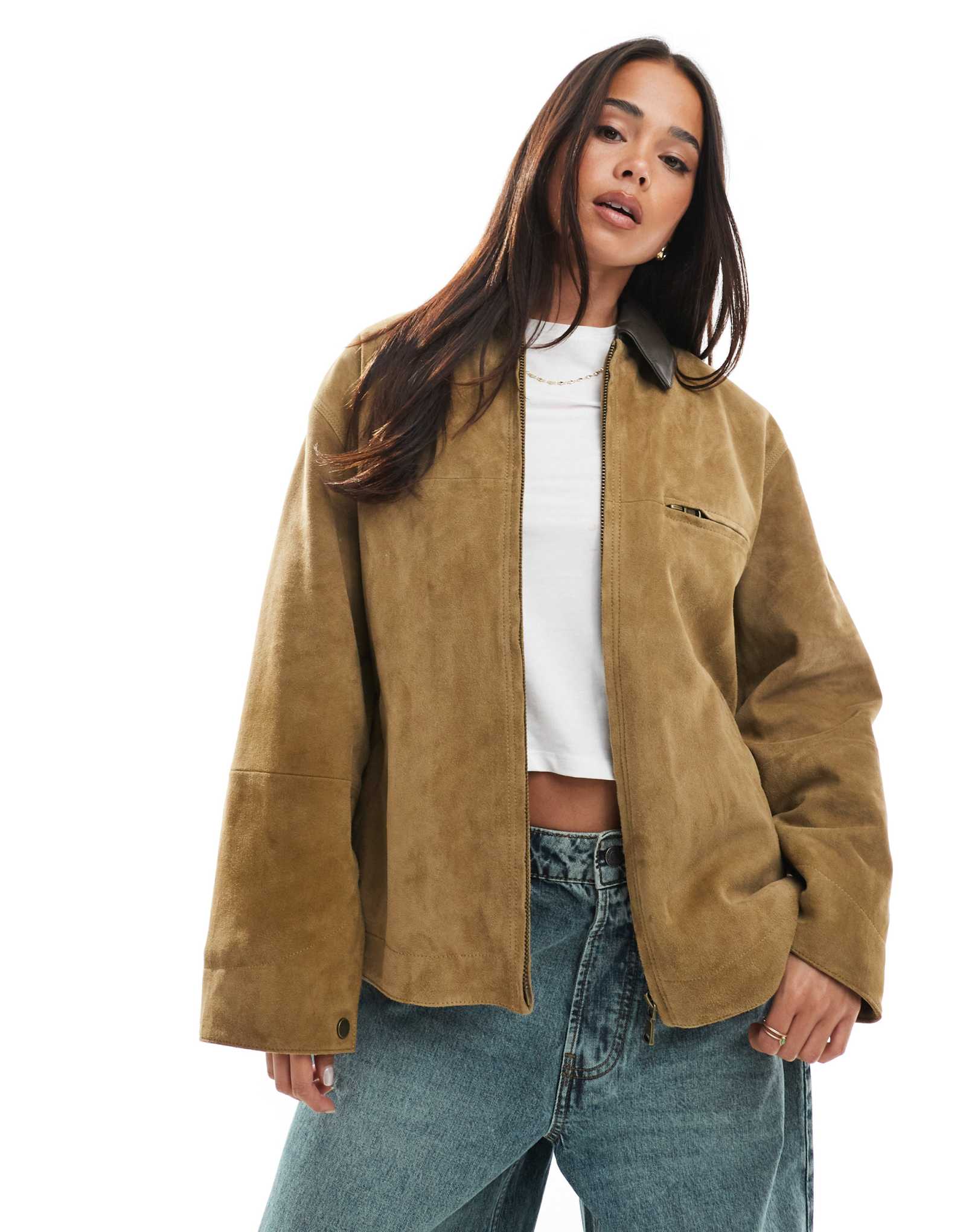 ДИЗАЙНЕРСКОЕ автомобильное пальто из натуральной замши ASOS DESIGN с кожаным воротником коричневого цвета