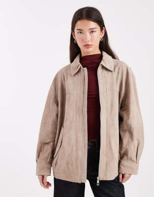 Asos Design Real Suede Harrington Bomber Jacket In Neutral