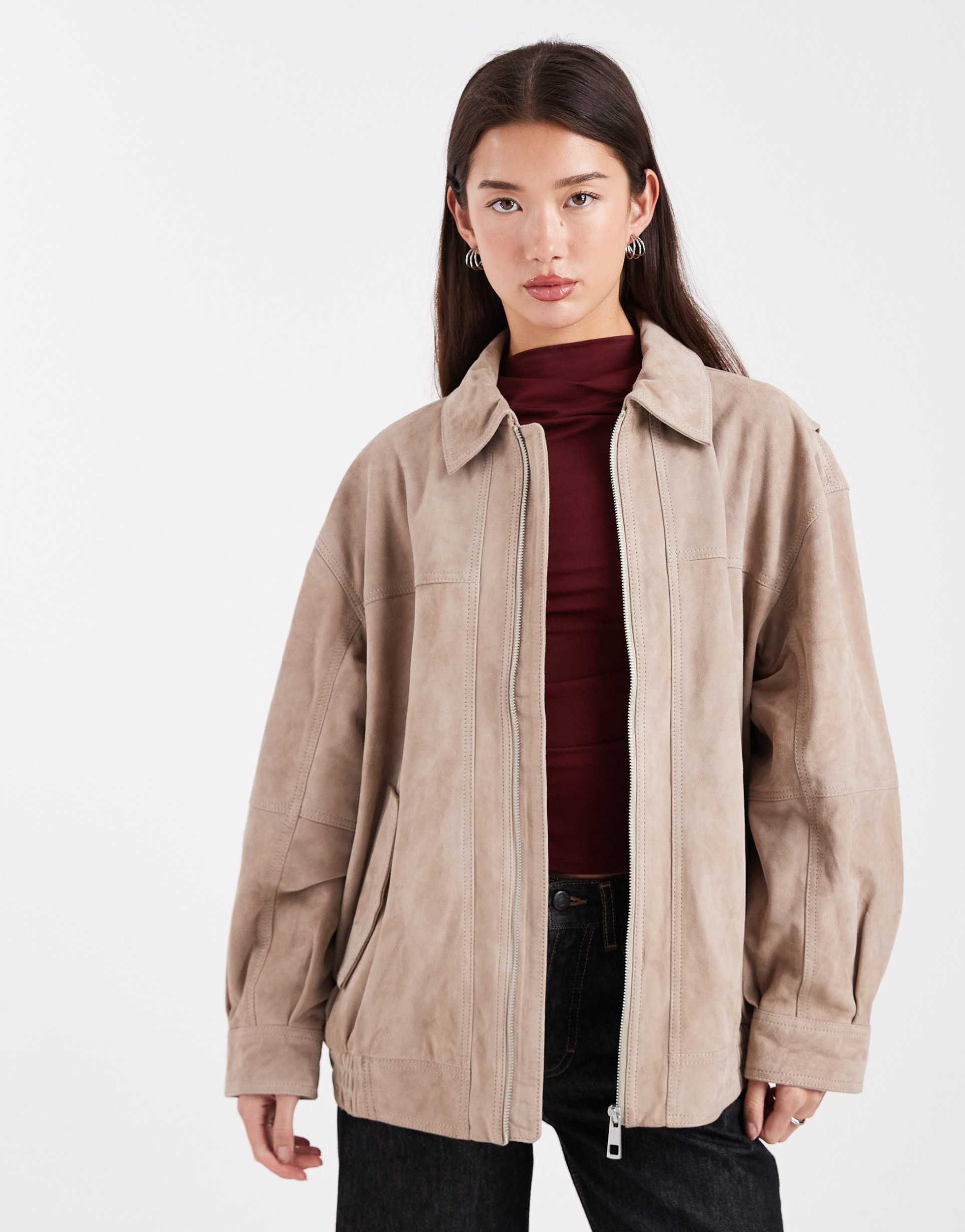 asos design real suede harrington bomber jacket in gray