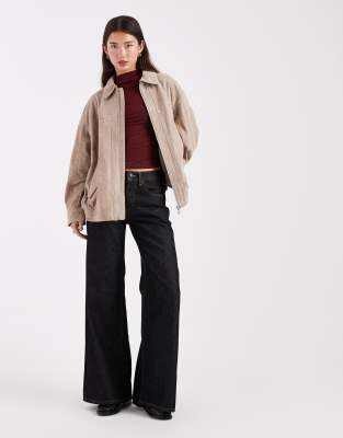 Asos Design Real Suede Harrington Bomber Jacket In Neutral