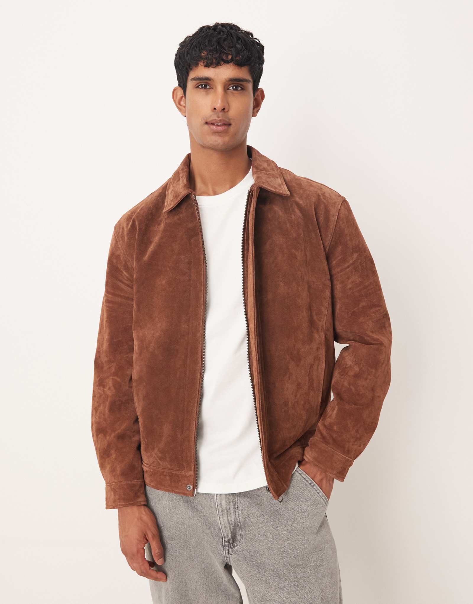 ДИЗАЙНЕРСКАЯ куртка Harrington из натуральной замши ASOS коричневого цвета