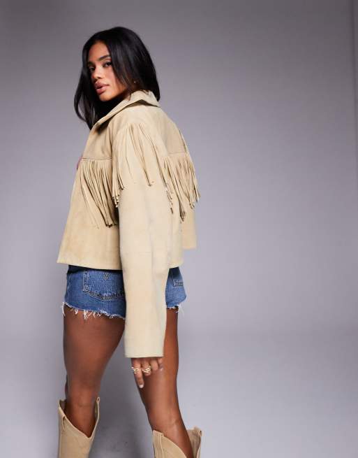 ASOS DESIGN real suede jacket with fringe in buttermilk | ASOS