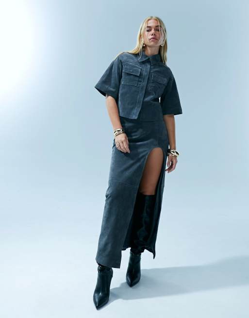 ASOS DESIGN real suede maxi skirt with high curved split in