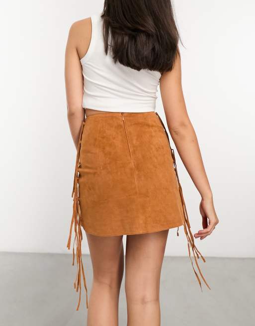 ASOS DESIGN real suede mini skirt with fringing detail in tan