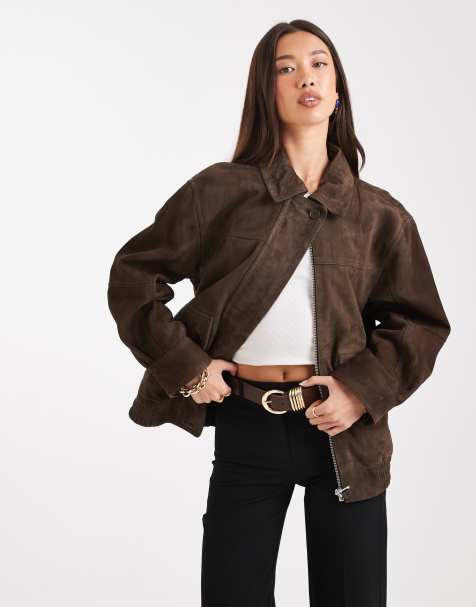 ASOS DESIGN real suede oversized bomber in dark mocha - view 1