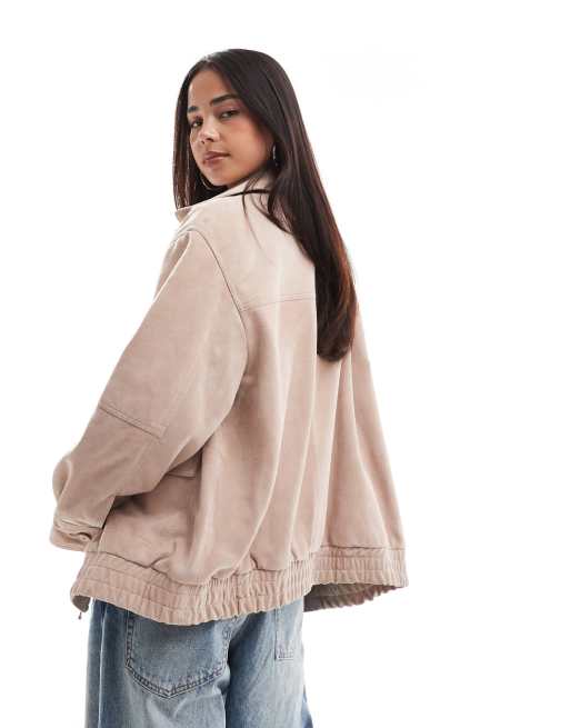 ASOS DESIGN real suede oversized bomber in dusty pink, 3 of 4
