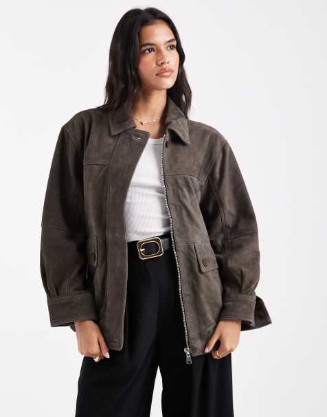 ASOS DESIGN real suede oversized bomber in olive - view 1