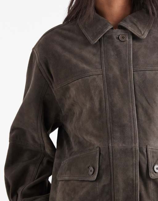 ASOS DESIGN real suede oversized bomber in olive, 4 of 4