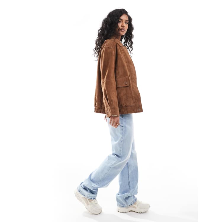 ASOS DESIGN real suede oversized bomber in tan ASOS