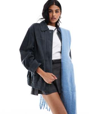 real suede oversized bomber jacket in blue