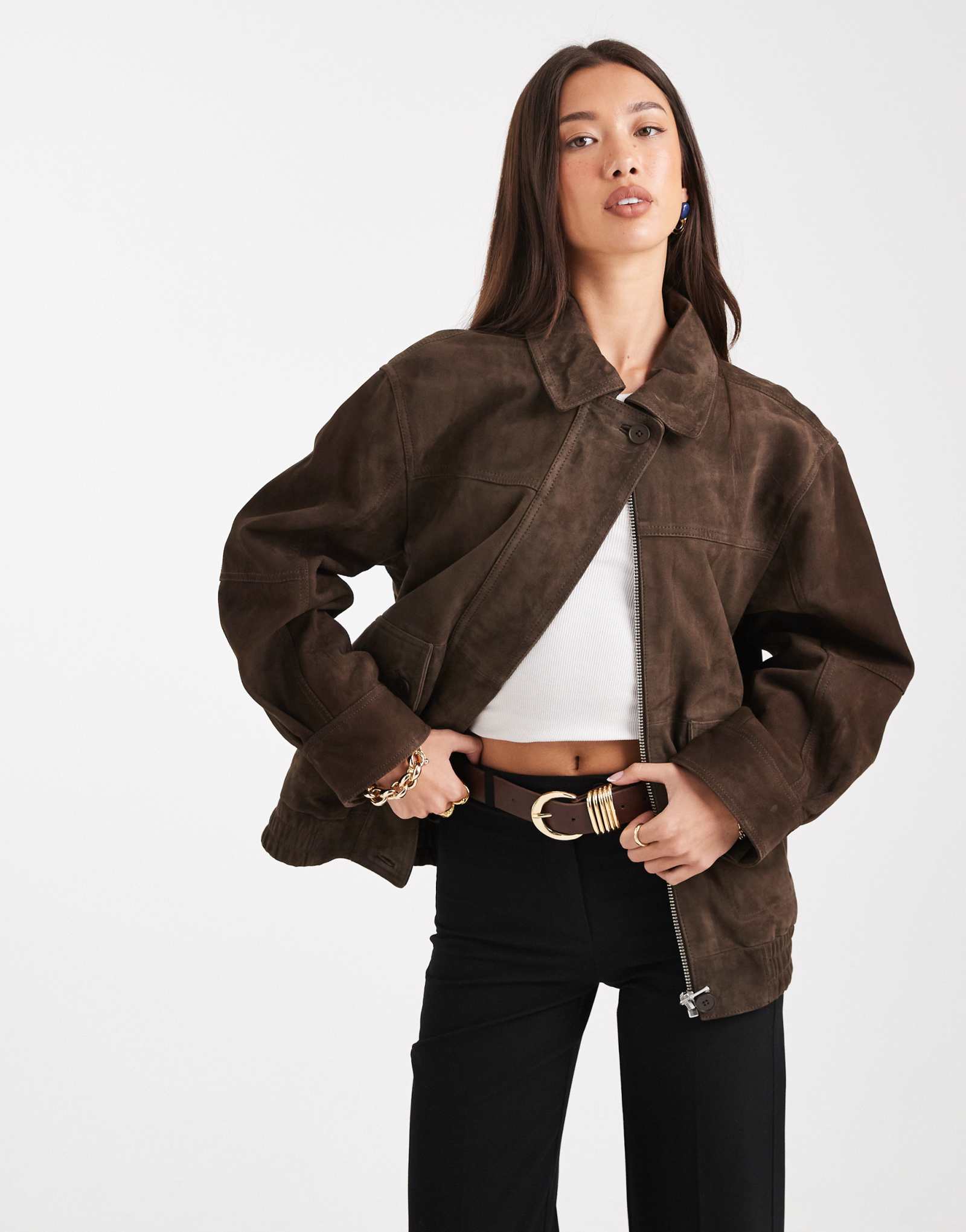 ДИЗАЙНЕРСКАЯ куртка-бомбер оверсайз из натуральной замши ASOS DESIGN цвета темный мокко