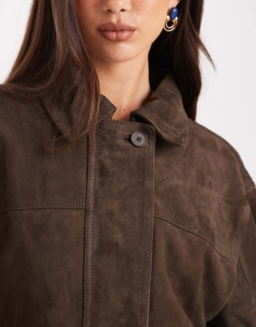ASOS DESIGN real suede oversized bomber jacket in dark mocha