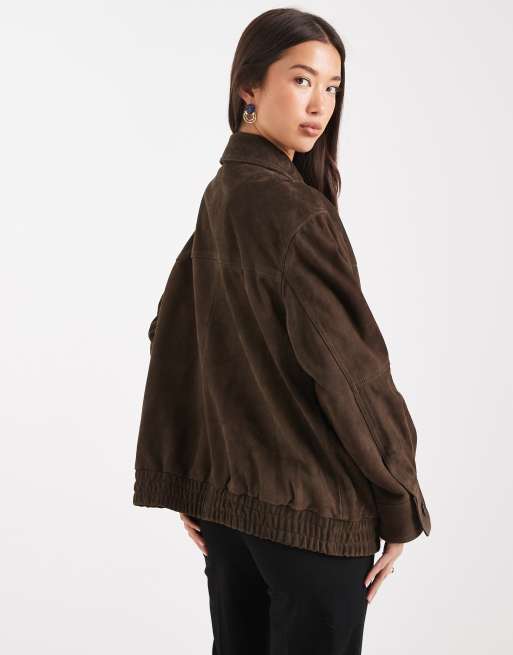 ASOS DESIGN real suede oversized bomber jacket in dark mocha
