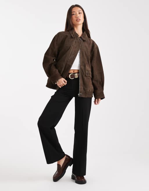 ASOS DESIGN real suede oversized bomber jacket in dark mocha