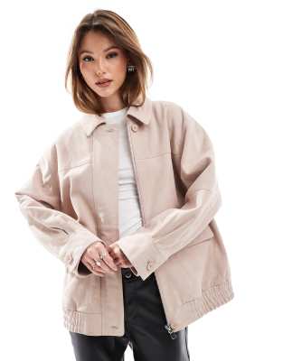 real suede oversized bomber jacket in dusty pink-Blue