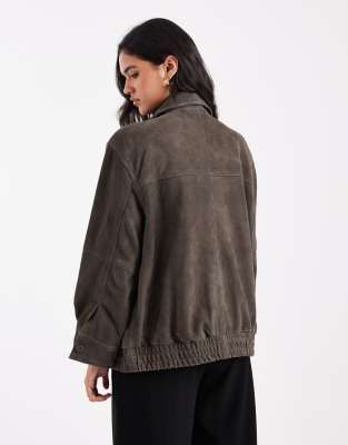 Asos Design Real Suede Oversized Bomber Jacket In Gray