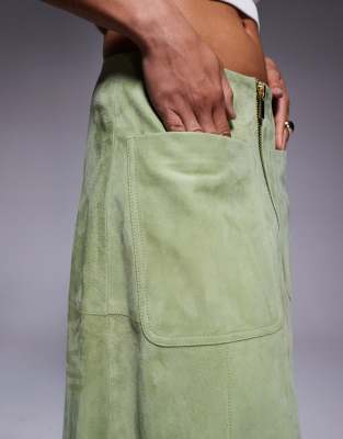 Asos Design Real Suede Zip Front Midi Skirt In Green