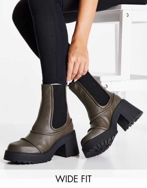 ASOS DESIGN - Reason - Laarzen met halfhoge hak, brede pasvorm en dikke zool in kaki