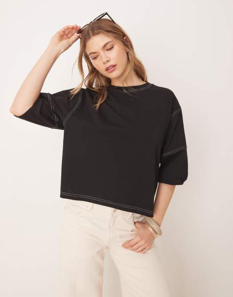 ASOS DESIGN - Recht crop T-shirt met contrastnaad in zwart - view 1