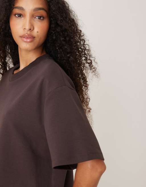 ASOS DESIGN - Recht cropped T-shirt met interlock-naden in chocoladebruin, deel van co-ord set, 3 van 4