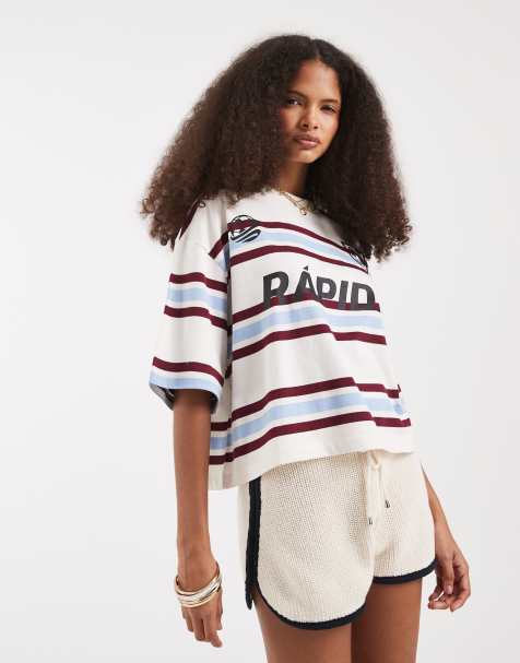 ASOS DESIGN - Recht cropped T-shirt met voetbalprint in ecru strepen - view 1