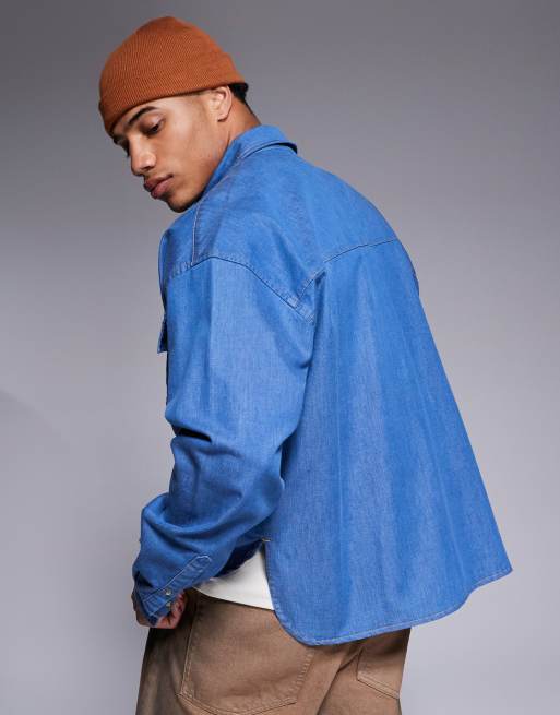 ASOS DESIGN - Recht denim overshirt in mid-wash blauw, 3 van 4