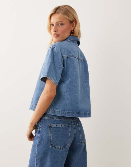 ASOS DESIGN - Recht denim poloshirt in gebleekte wassing, 4 van 4