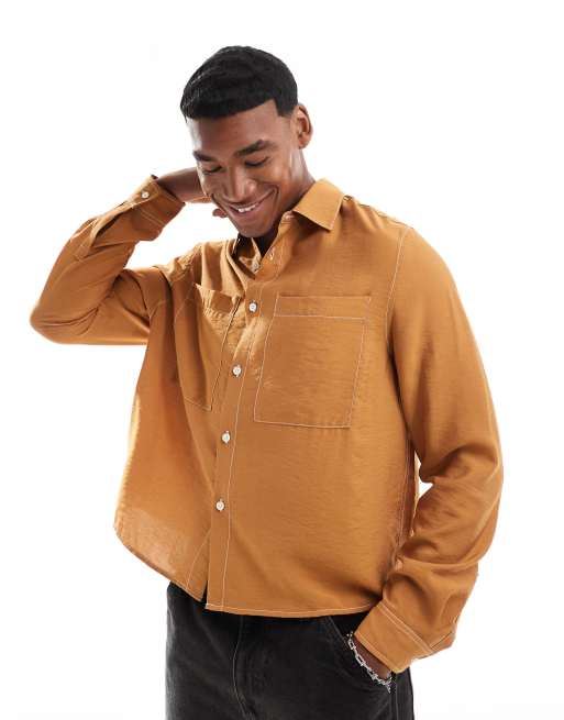 ASOS DESIGN - Recht overhemd met lange mouwen en contrasterende stiksels in gebrand oranje
