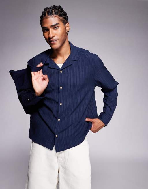 ASOS DESIGN - Recht overhemd met textuur en reverskraag in marineblauw