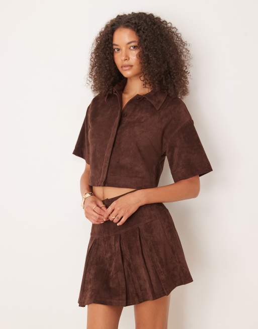 ASOS DESIGN - Recht overhemd van co-ord set van imitatiesuède in chocoladebruin