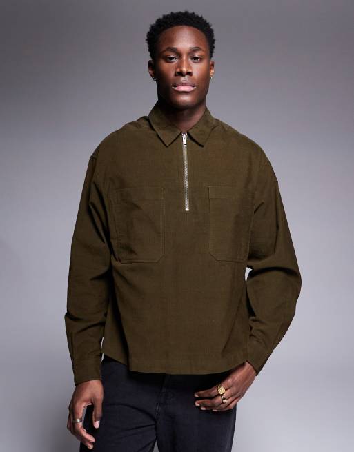 ASOS DESIGN - Recht overhemd zonder sluiting van corduroy met ritszakken in kaki met wassing