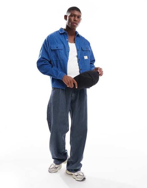 ASOS DESIGN - Recht overshirt van corduroy met badgedetail in blauw