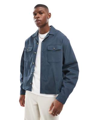 ASOS DESIGN - Recht overshirt van katoen met reverskraag in marineblauw - view 1