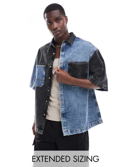 ASOS DESIGN - Recht oversized denim overhemd met korte mouwen en kleurvlakken in blauw en zwart met wassing