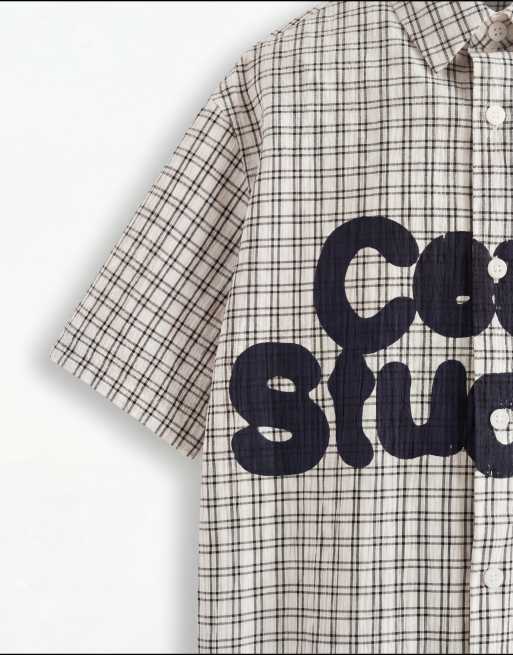 ASOS DESIGN - Recht oversized geruit overhemd met print op de borst in zwart en wit, 9 van 9