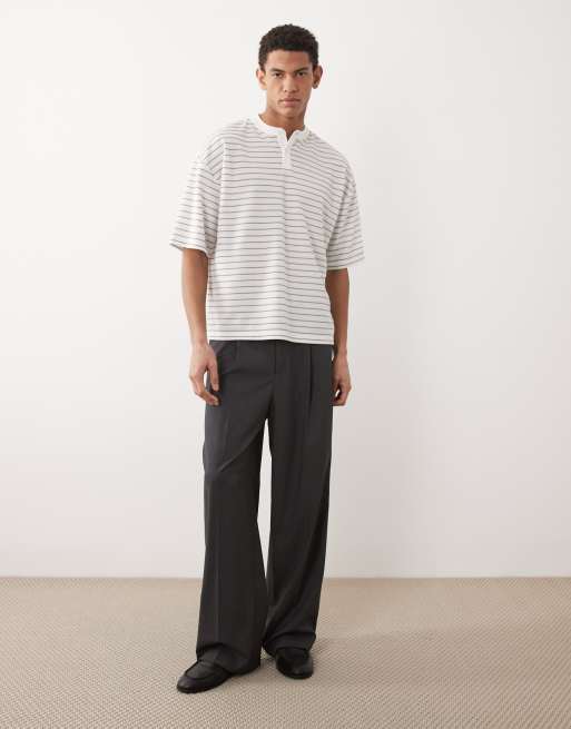 ASOS DESIGN - Recht oversized gestreept Henley T-shirt in wit , 2 van 5