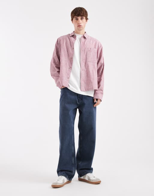 ASOS DESIGN - Recht oversized gestreept overhemd met geborduurde zakken in bordeauxrood, 2 van 5