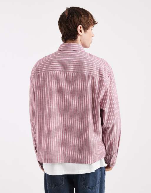 ASOS DESIGN - Recht oversized gestreept overhemd met geborduurde zakken in bordeauxrood, 3 van 5